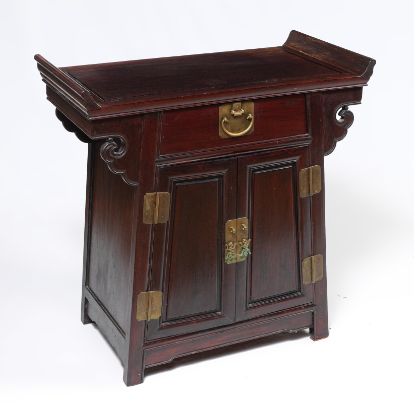 Appraisal: ORIENTAL ROSEWOOD ALTAR CABINET Rectangular top shaped corbels tapered body