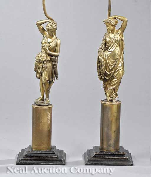 Appraisal: Two Antique Bronze Figural Lamps late th c one with