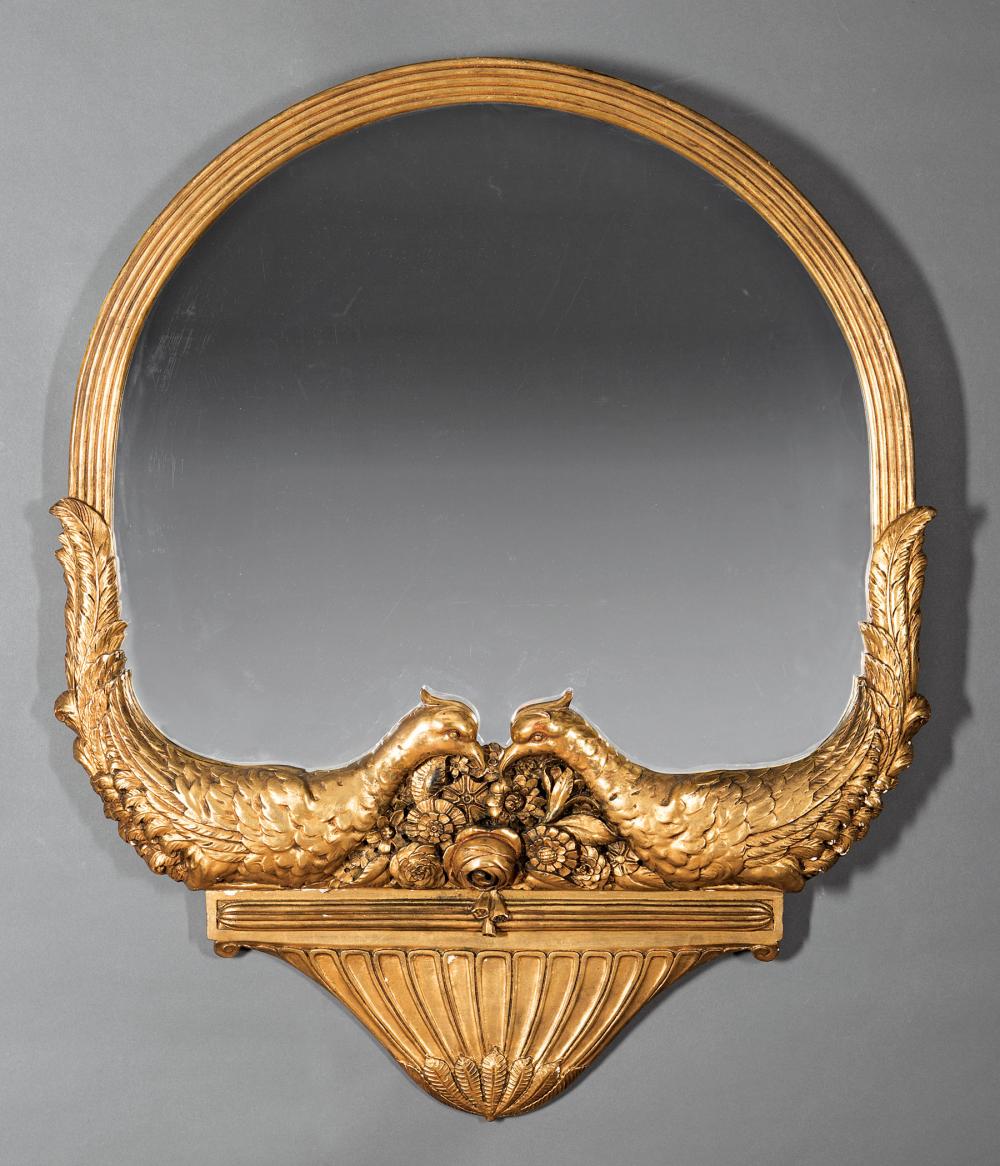 Appraisal: Continental Giltwood Mirror th c reeded frame flower bouquet flanked