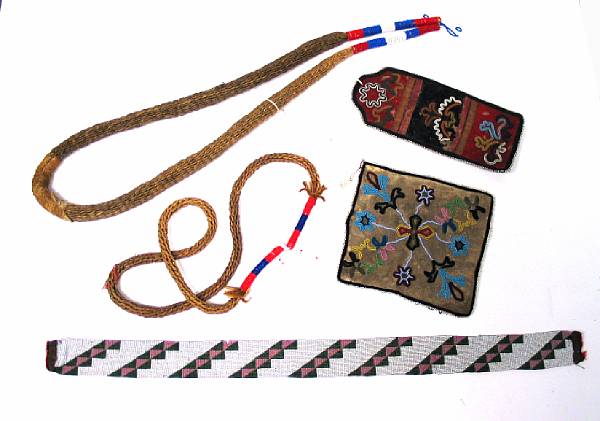 Appraisal: Five Northwestern beaded items Two braided Athabascan Stoney sweetgrass necklaces