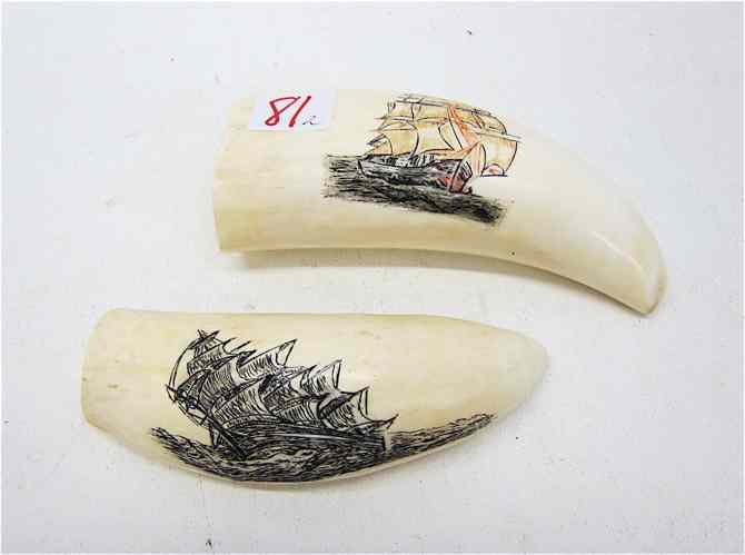 Appraisal: TWO SCRIMSHAW WHALE TEETH each with boat in the water