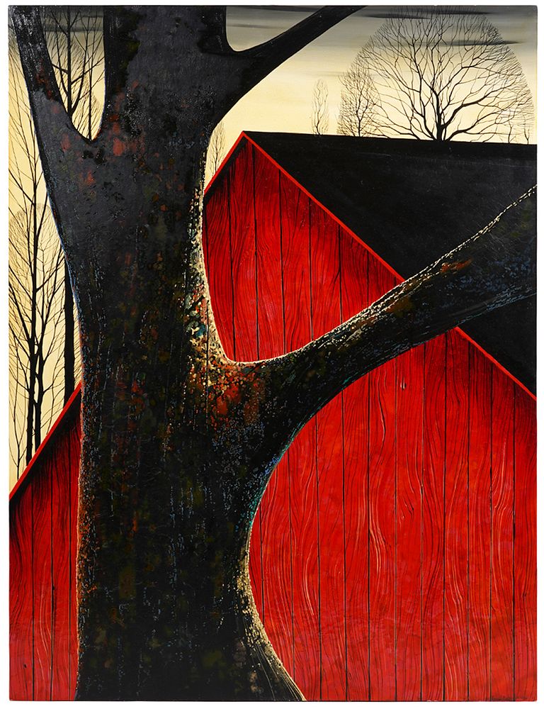 Appraisal: Eyvind Earle 'This Old Barn' Oil on Board Eyvind Earle