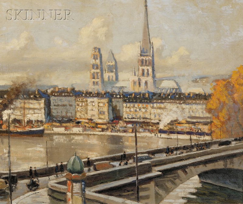 Appraisal: Pierre Thibault French th Century City View with Cathedral Signed