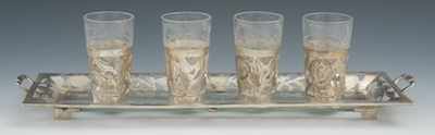 Appraisal: A Silver Overlay Shot Glass and Tray Set The rectangular