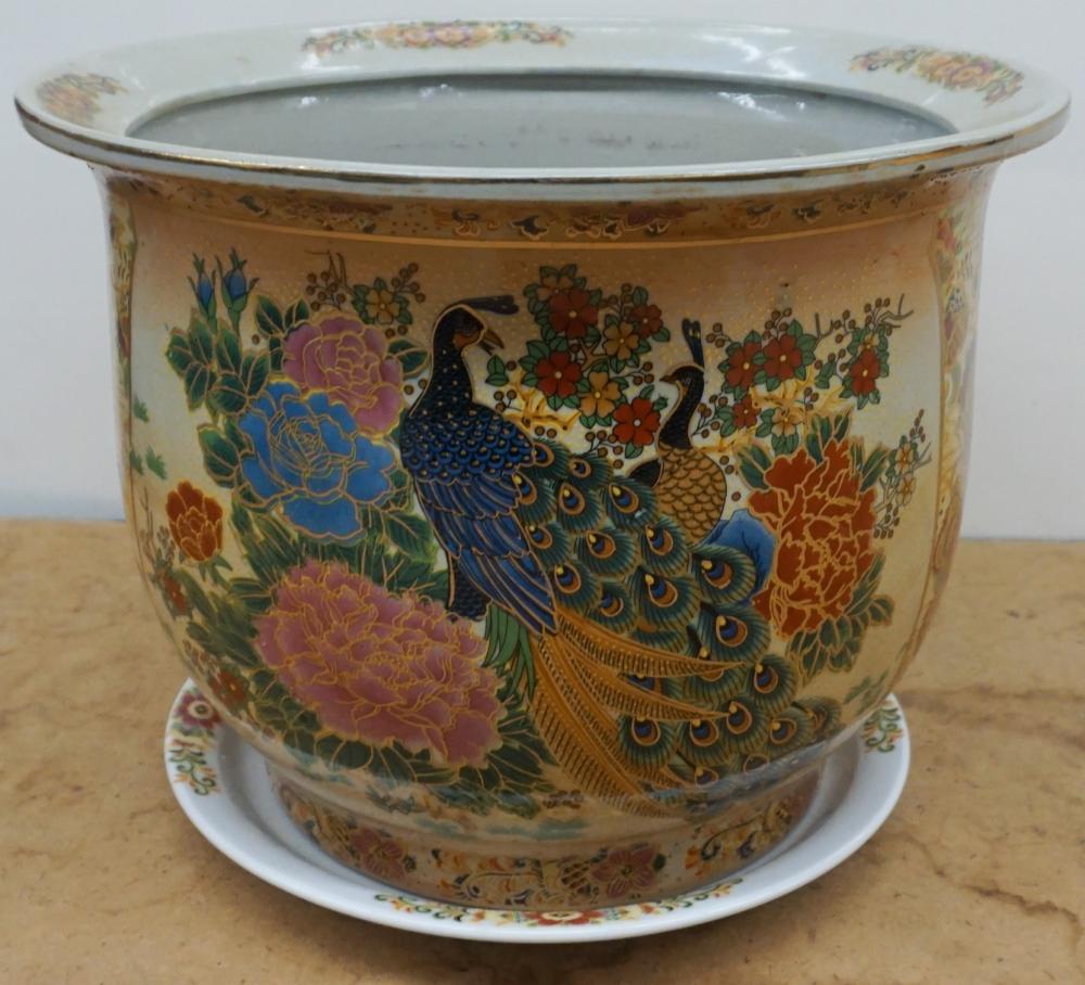 Appraisal: Japanese Peacock Decorated Porcelain Jardiniere with Stand H in cm