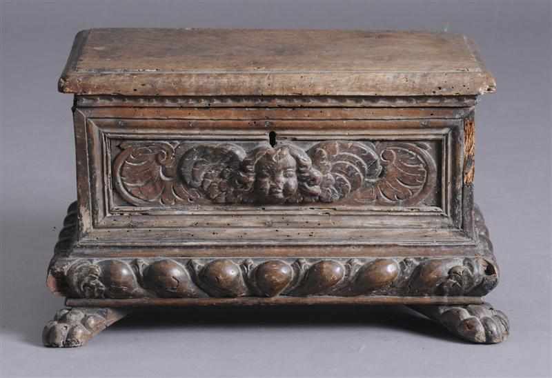 Appraisal: ITALIAN BAROQUE CARVED WALNUT COFFRET With hinged lid the case