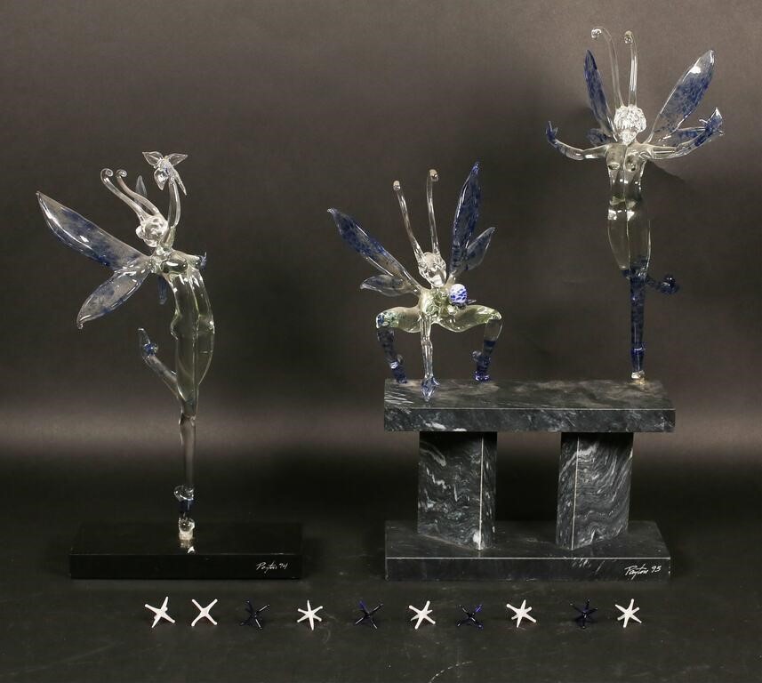 Appraisal: Lampwork art glass fairy sculptures Mounted on marble bases Etch