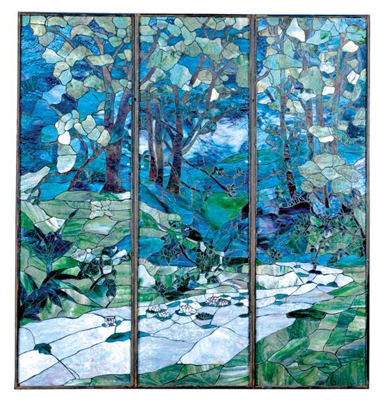 Appraisal: Tiffany style stained glass window three panels depicting scene of