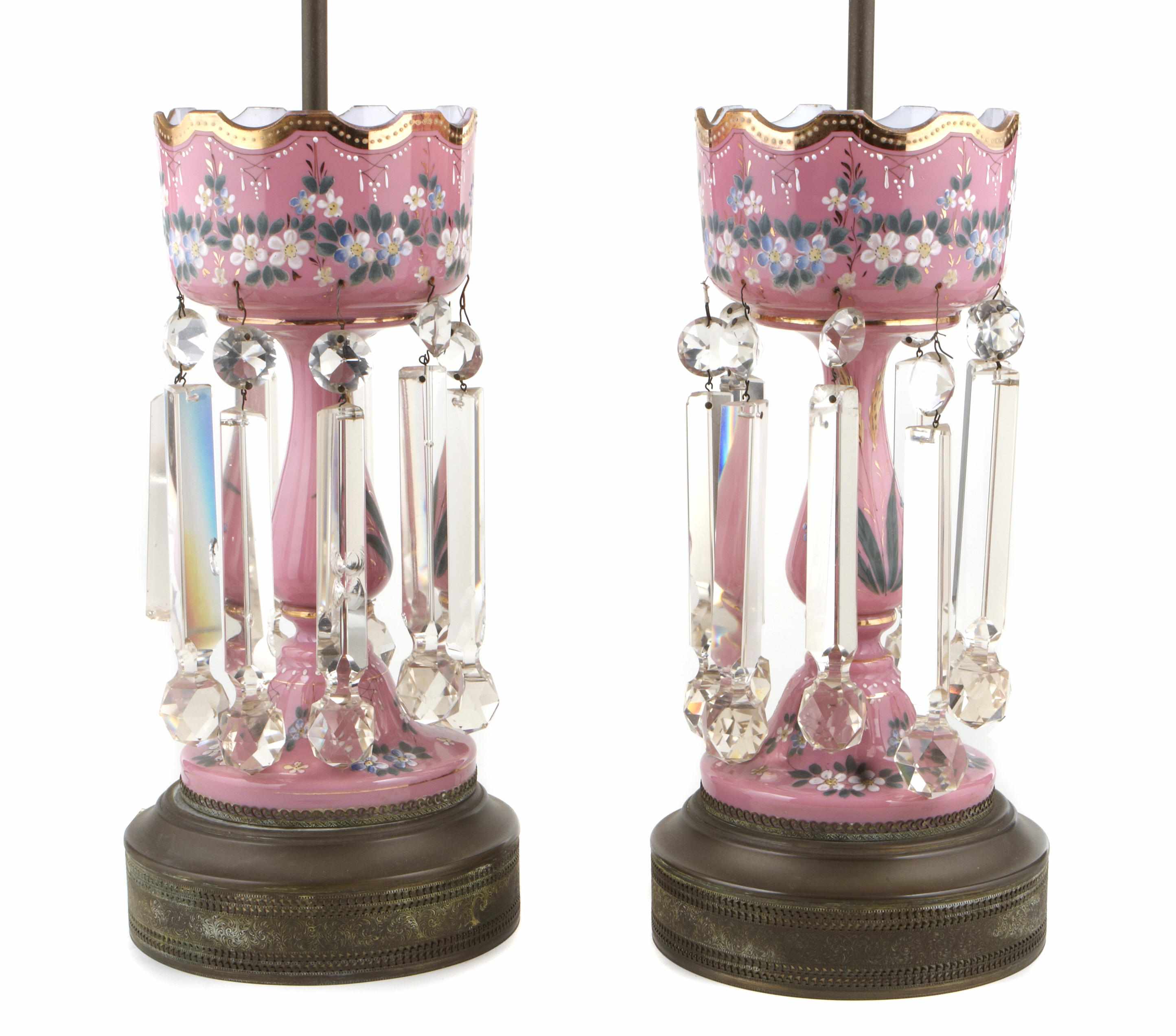 Appraisal: A pair of Bohemian enamel decorated pink glass lusters now