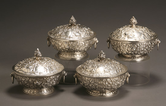 Appraisal: Set of Four American Repouss Silver Round Covered Dishes Andrew