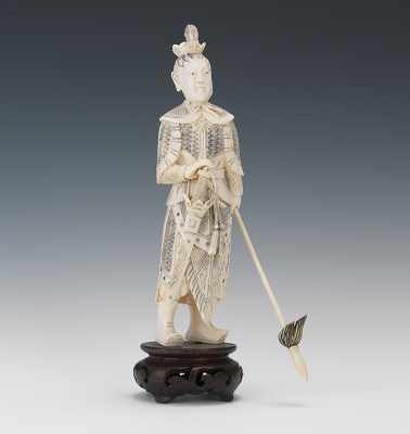 Appraisal: Carved Ivory Warrior with Spear Carved ivory figure holding a