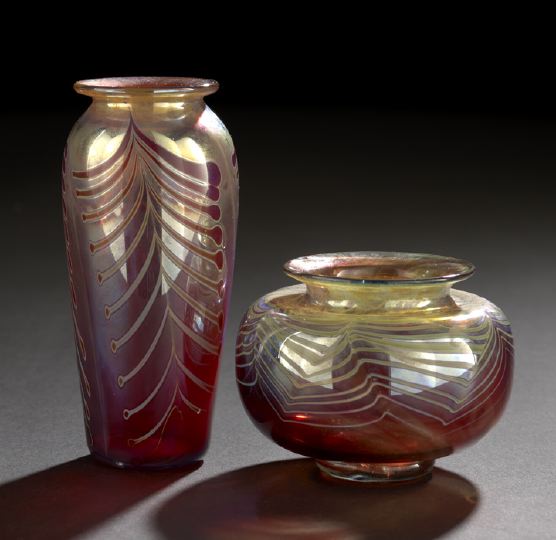 Appraisal: Two Charles Miner Miniature Iridized Ruby Glass Vases and New