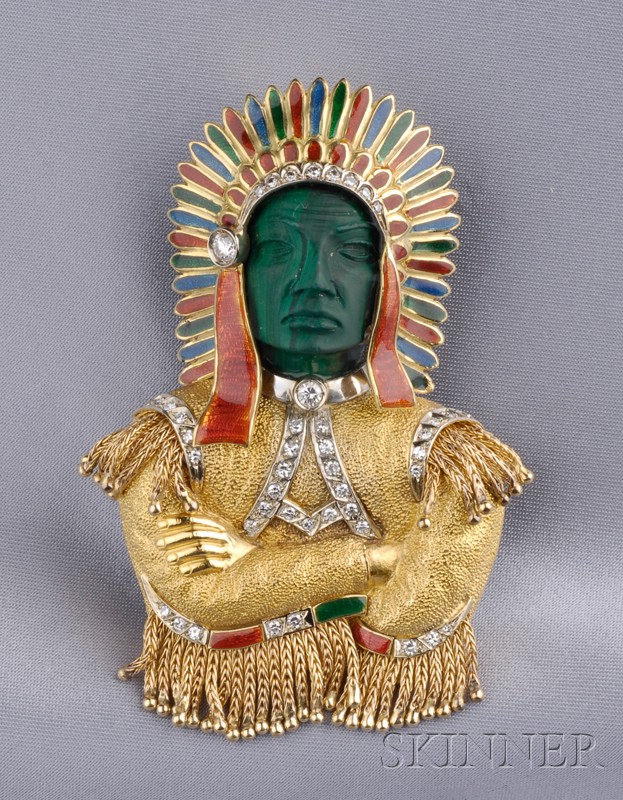 Appraisal: kt Gold Malachite Diamond and Enamel Indian Chief Brooch W