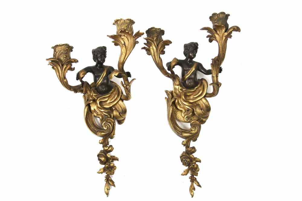 Appraisal: PAIR GILT BRONZE FIGURAL SCONCES - Pair of Parcel Gilt