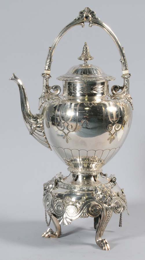 Appraisal: Elaborate Victorian Silverplate Kettle on Stand with lion masks on