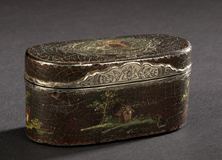 Appraisal: French Silver-Mounted Cuir-Peinte Elliptical Tobacco Box second quarter th century