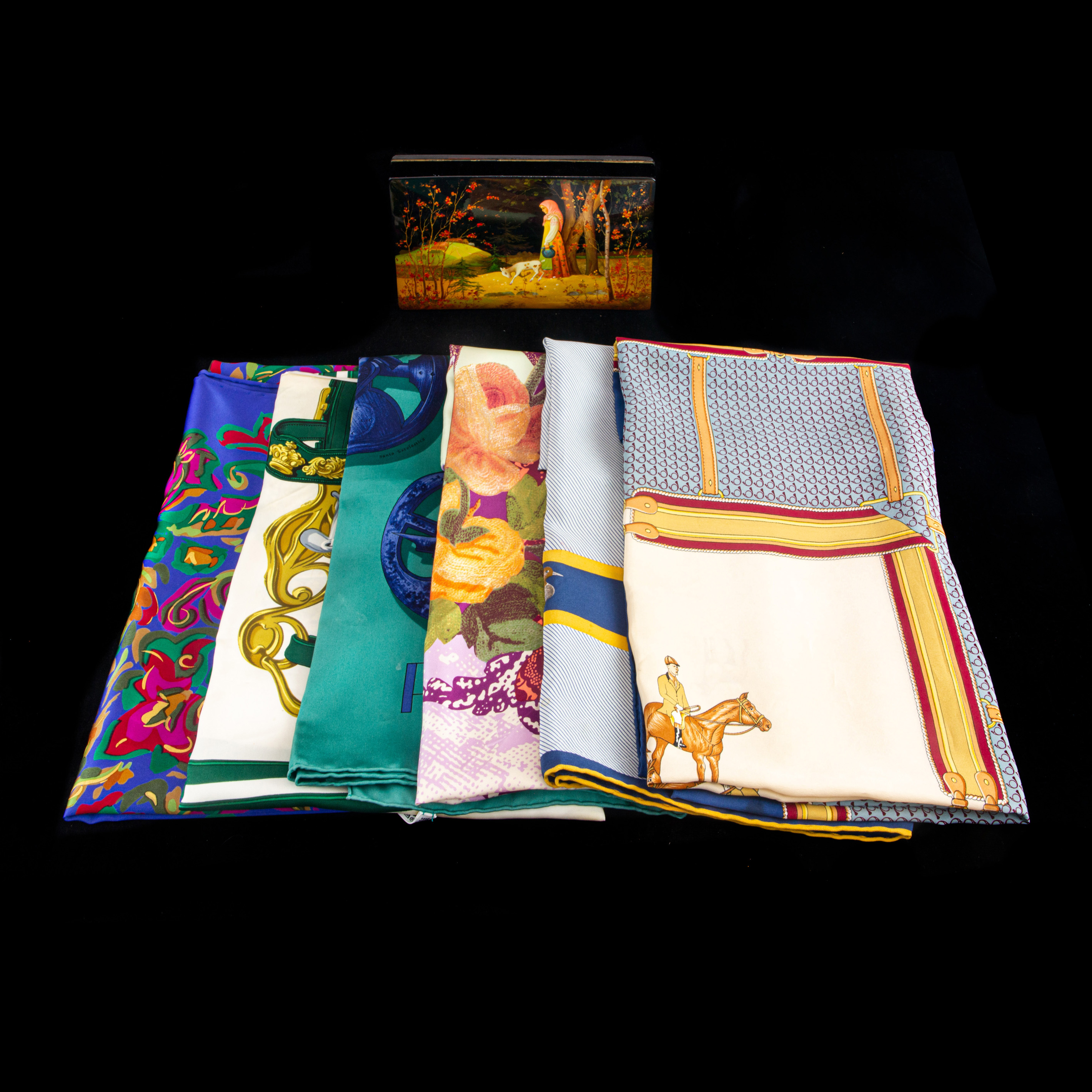 Appraisal: SIX SILK SCARVES INCLUDING HERMES AND A RUSSIAN LACQUER BOX