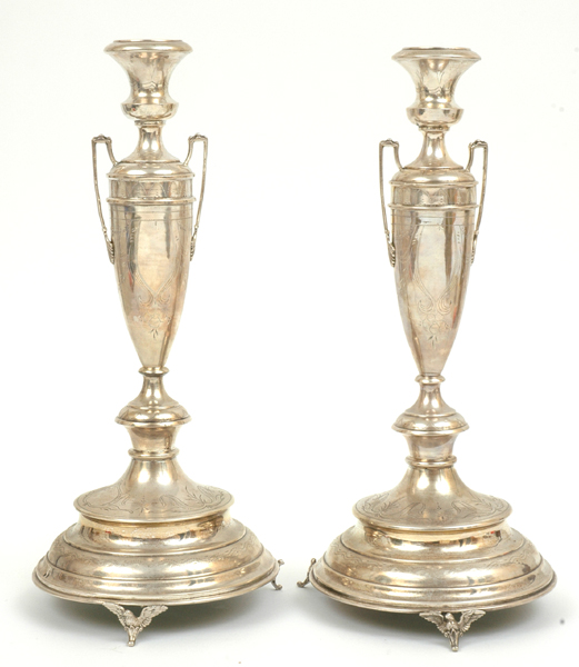 Appraisal: A PAIR OF CONTINENTAL SILVER JUDAICA CANDLE HOLDERS Each having