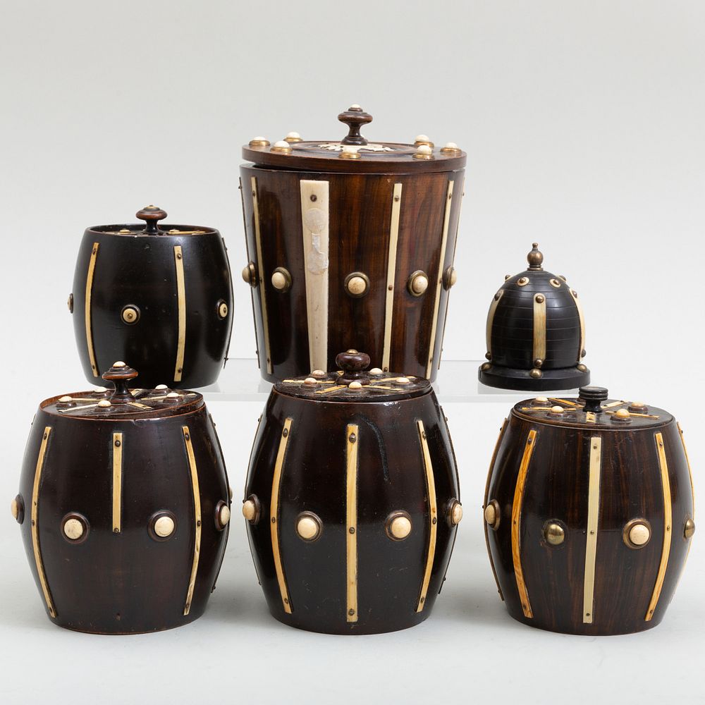 Appraisal: Five Anglo Indian Bone Mounted Wooden Tobacco Barrels and a