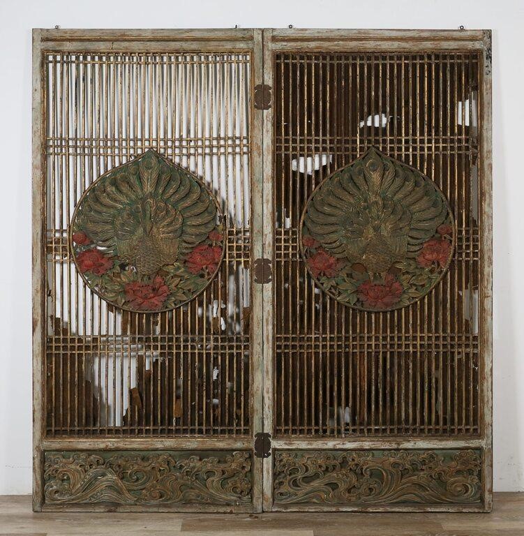 Appraisal: Chinese carved peacock screen Polychromatic peacocks and waves against silk