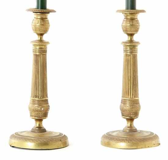 Appraisal: Pair French gilt-metal candlesticks converted to lamps th century acanthus