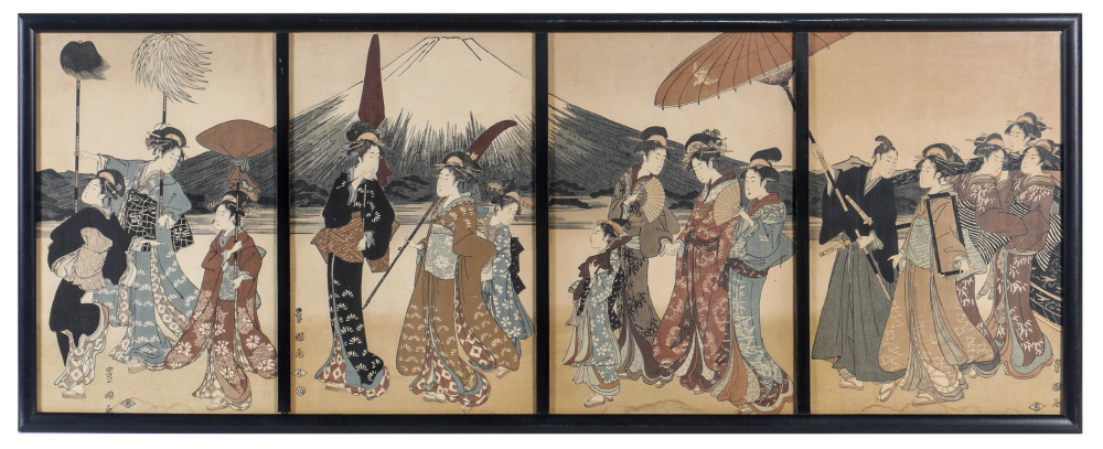 Appraisal: SECTION JAPANESE WOODBLOCK Depicts a procession of women with Mt