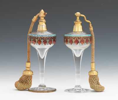 Appraisal: A Pair of French Glass and Enamed Bronze Perfume Atomizers