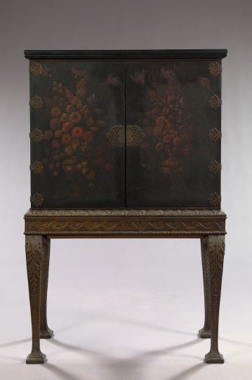 Appraisal: George II-Style Black Lacquered and Giltwood Cabinet-on-Stand early th century