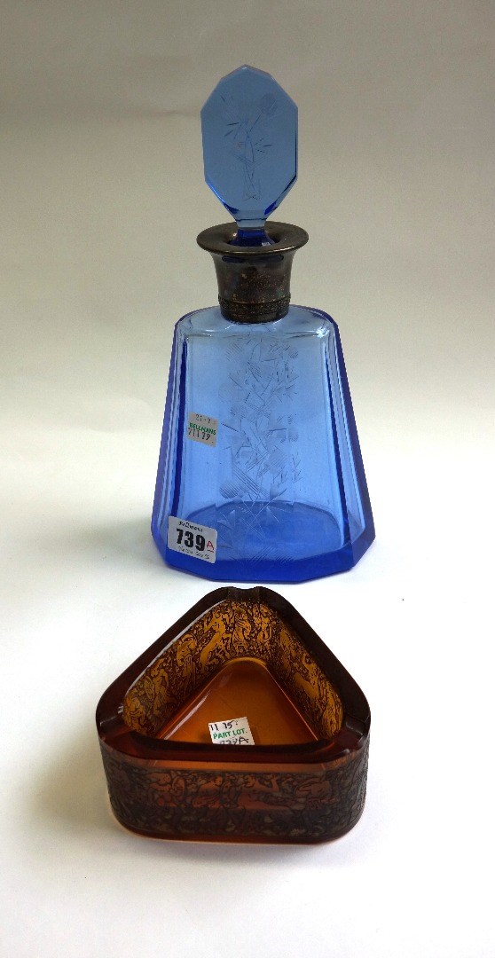 Appraisal: An Art Deco style blue glass decanter and stopper with