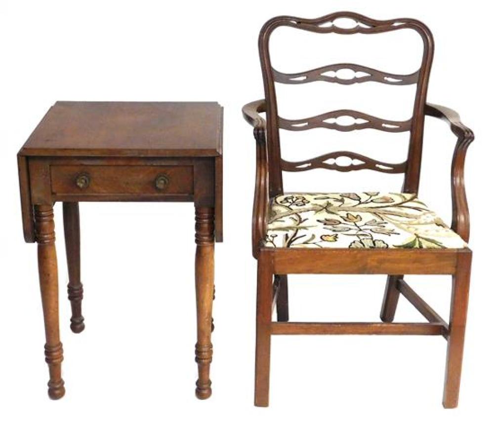 Appraisal: th C Ribbon-back armchair and Sheraton drop-leaf stand details include