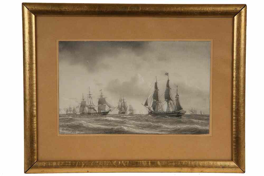 Appraisal: CHALK GRAPHITE - Many Men-o-War Approaching Battle by Carl Emil