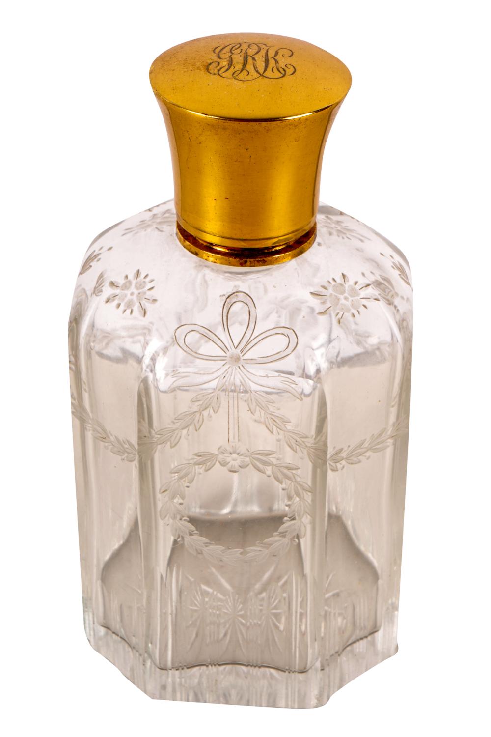 Appraisal: GILT STERLING ETCHED GLASS PERFUME BOTTLEmarked to top Sterling monogrammed