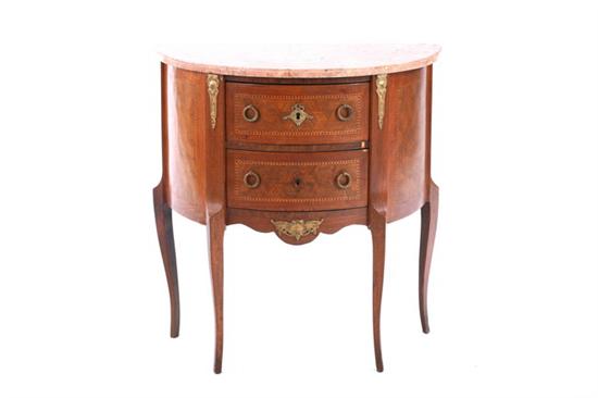 Appraisal: LOUIS XV STYLE MARBLE-TOP PETITE COMMODE late th century Mottled