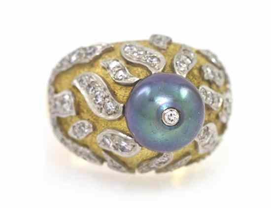 Appraisal: An Karat Yellow Gold Cultured Pearl and Diamond Bombe Ring