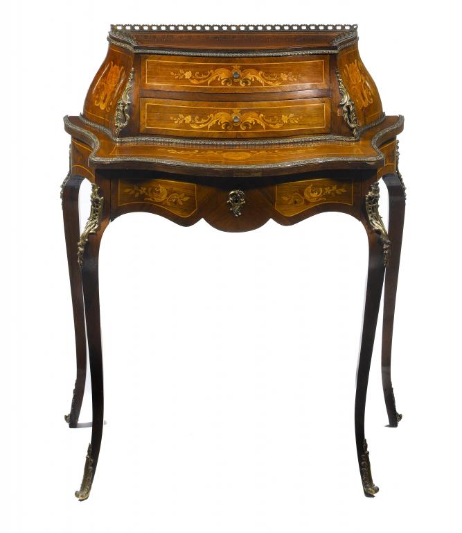 Appraisal: A FRENCH KINGWOOD AND MARQUETRY BUREAU DE DAME the galleried