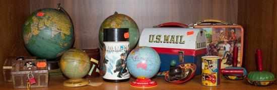 Appraisal: Assorted lithographed tin lunch boxes tin globes and noise makers