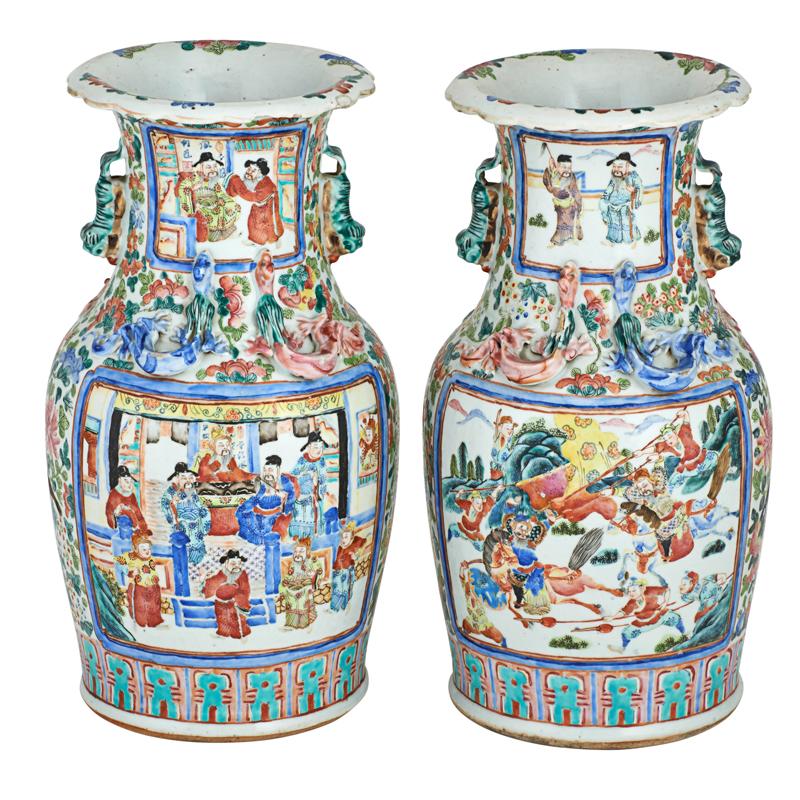 Appraisal: PAIR OF CHINESE FAMILLE VERTE PORCELAIN VASES Applied chilong and