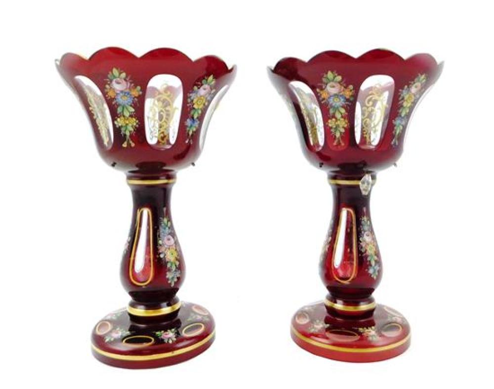 Appraisal: Pair of garnitures ruby cut to clear glass polychrome floral