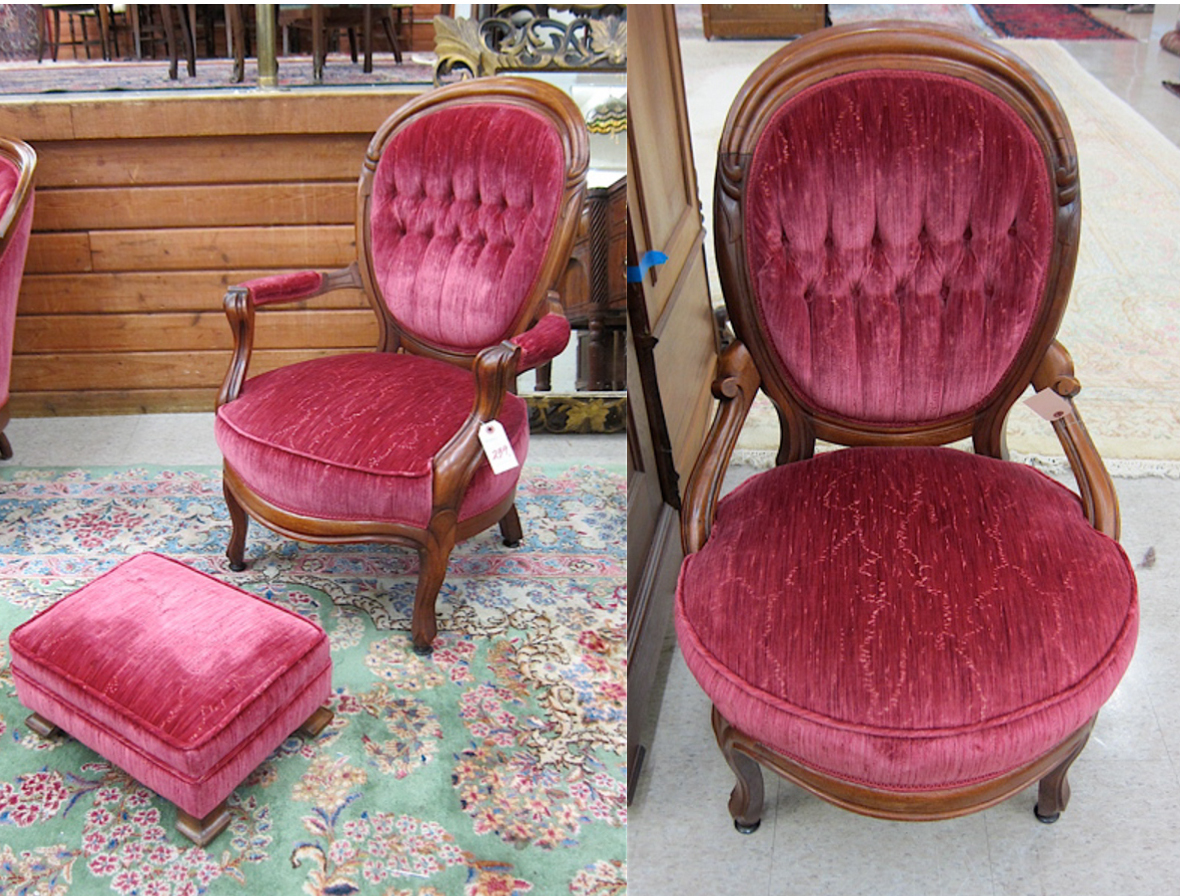 Appraisal: TWO VICTORIAN CHAIRS AND A FOOTSTOOL Rococo Revival style American