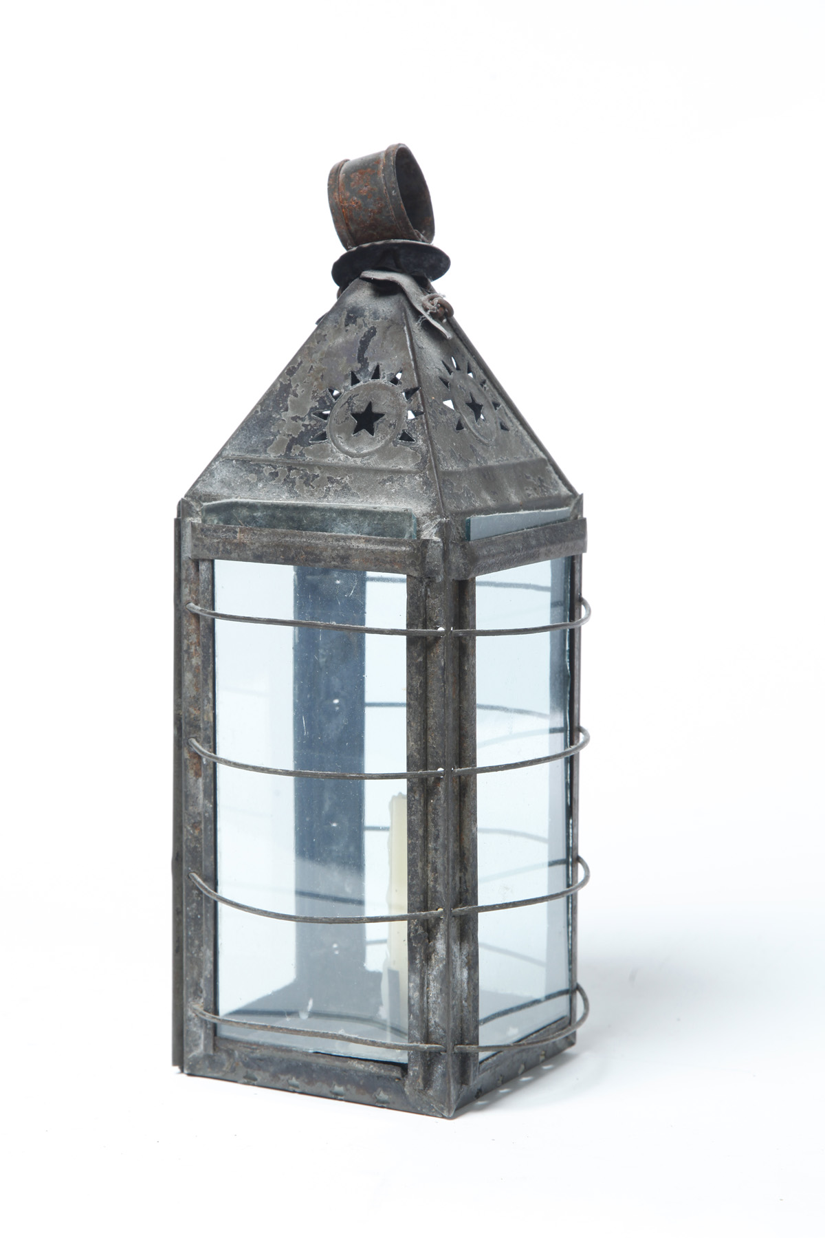 Appraisal: LANTERN American th century Glass with wire guards and punched