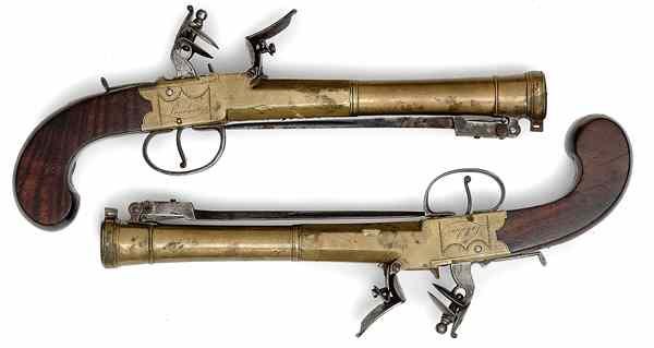 Appraisal: Pair of English BoxLock Flintlock Blunderbuss Pistols with Folding Bayonets