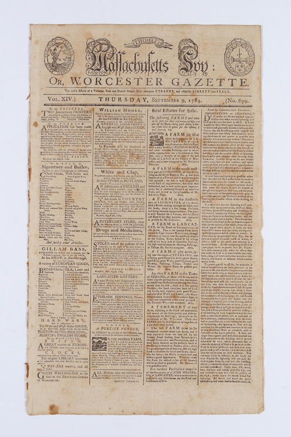 Appraisal: THOMAS'S MASSACHUSETTS SON OR WORCESTER GAZETTE NEWSPAPER page paper dated