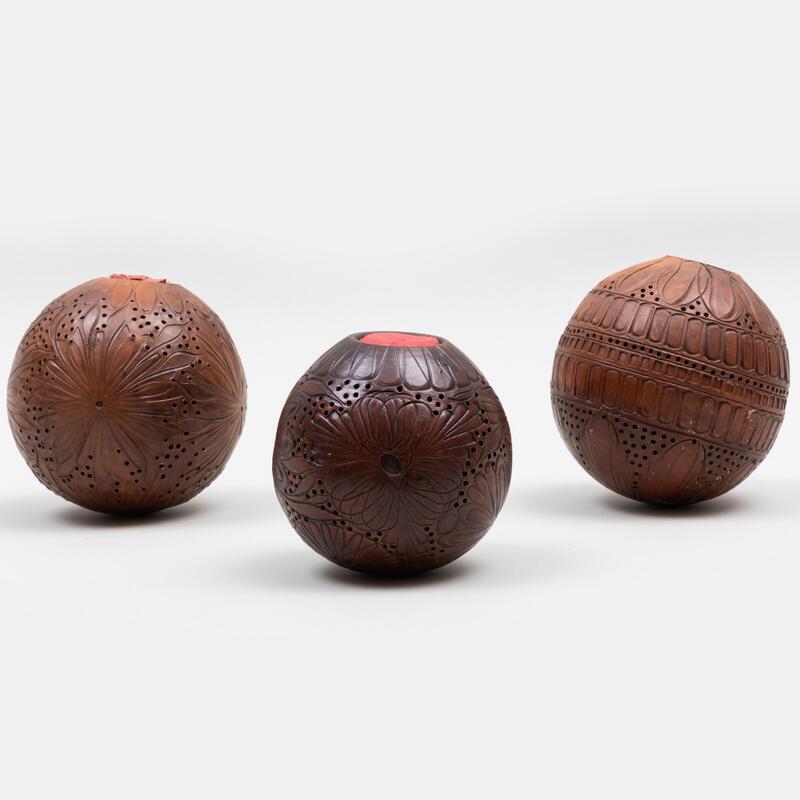 Appraisal: Group of Three Wood Perfume Spheres together and a Bone