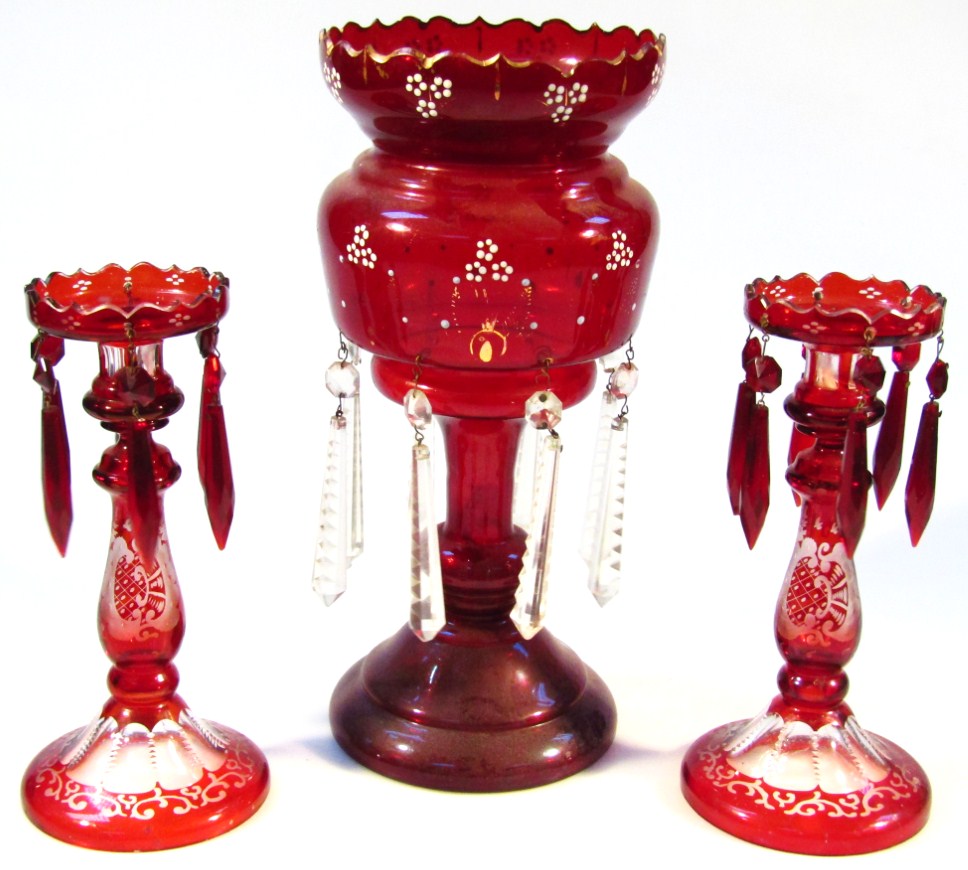 Appraisal: A thC ruby glass lustre the bulbous body with castellated