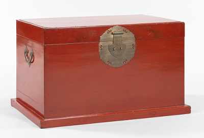 Appraisal: A Red Lacquered Chinese Trunk Simple rectangular form set on