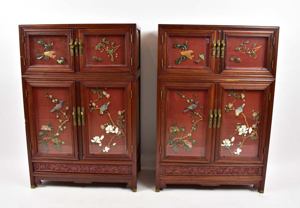 Appraisal: PAIR OF CHINESE CINNABAR HARDSTONE MTD HONGMU CABINETSThe rectangular paneled