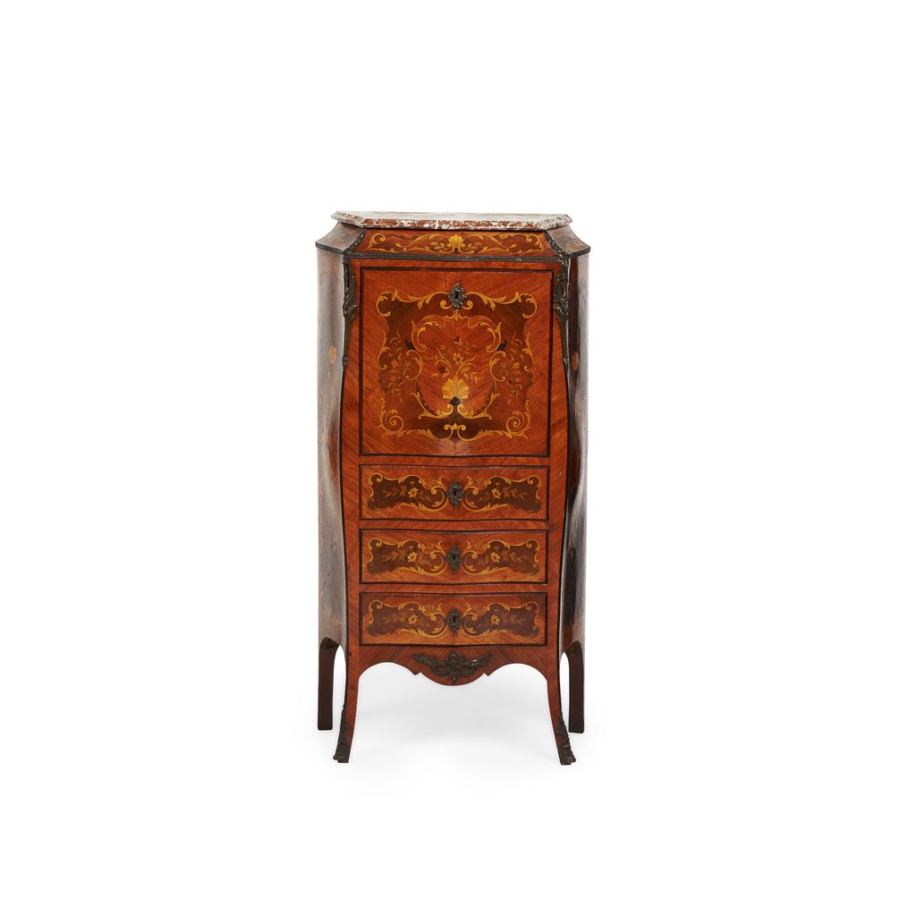 Appraisal: LOUIS XV STYLE KINGWOOD AMARANTH AND MARQUETRY BOMBE SECRETAIRE A