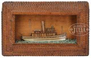 Appraisal: TRAMP ART DIORAMA OF THE TUGBOAT WILLIE IN FRAME Circa