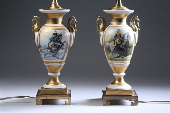 Appraisal: PAIR FRENCH HAND-PAINTED PORCELAIN URNS th century One side depicting