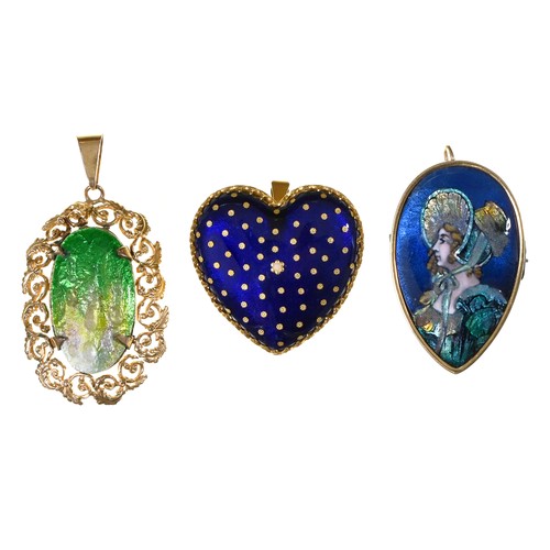 Appraisal: Three French giltmetal and enamel pendants heart shaped example mm